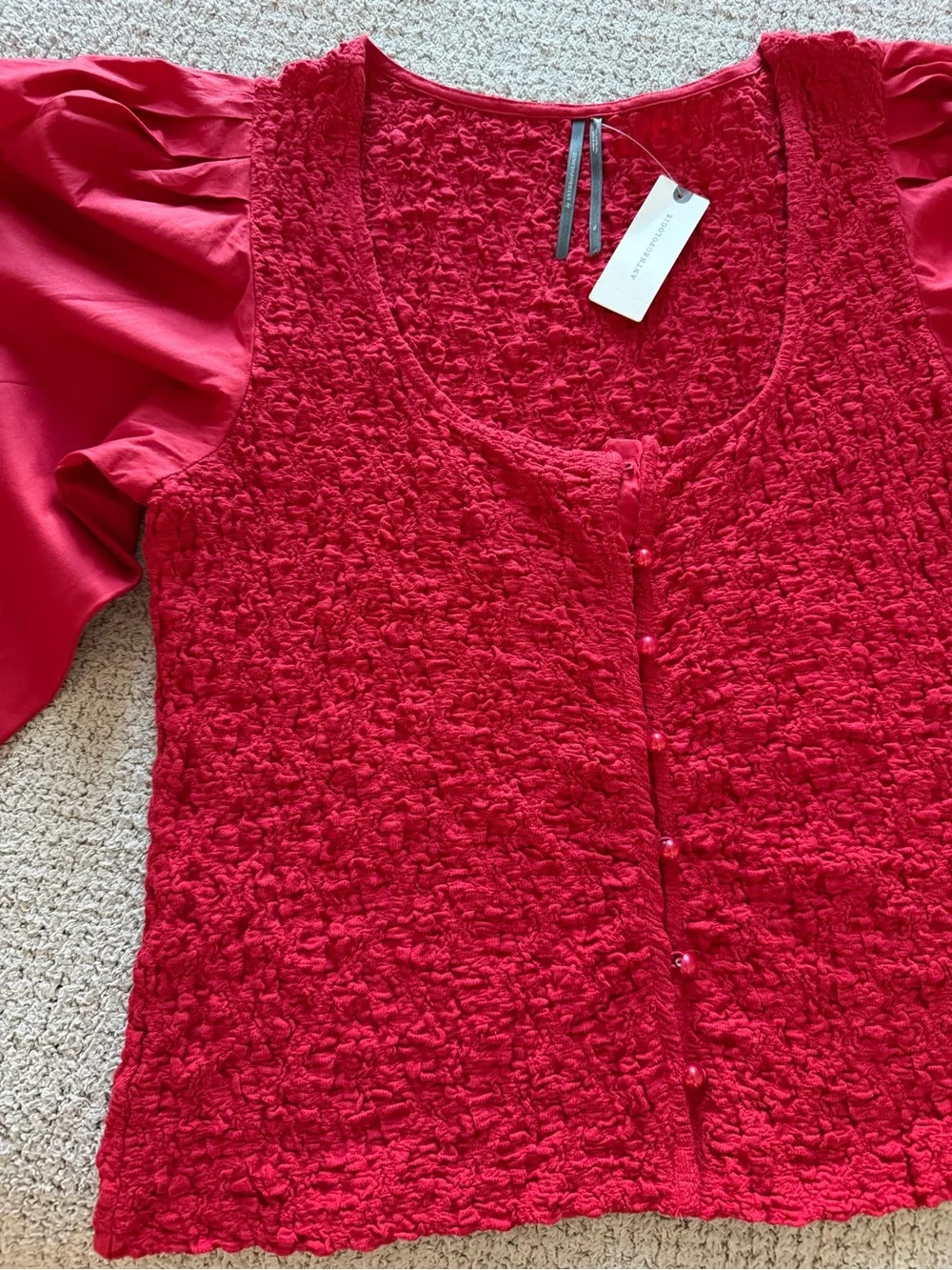 Anthropologie Coral-Red Puff-Sleeve Textured Button Front Top